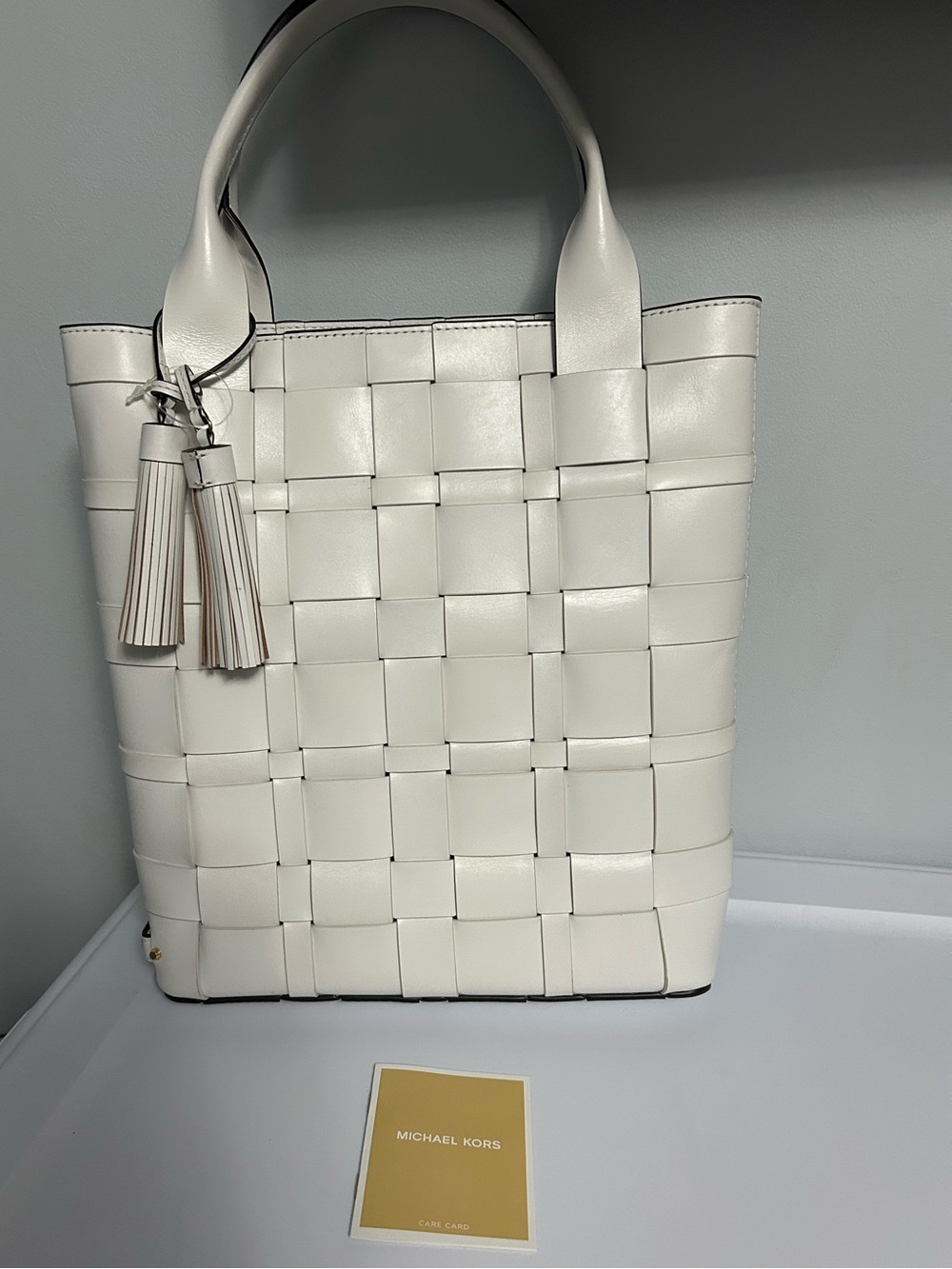Michael Michael Kors Vivian Large Optic White Woven Leather Tote with Tassels